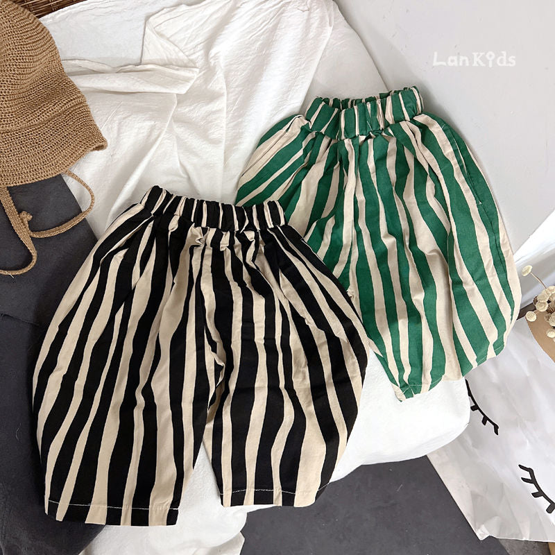 Gestreepte Kinderbroek – LucaLino Baggy Broek Unisex, Zwart/Groen, Katoen, Maat 0-6 Jaar