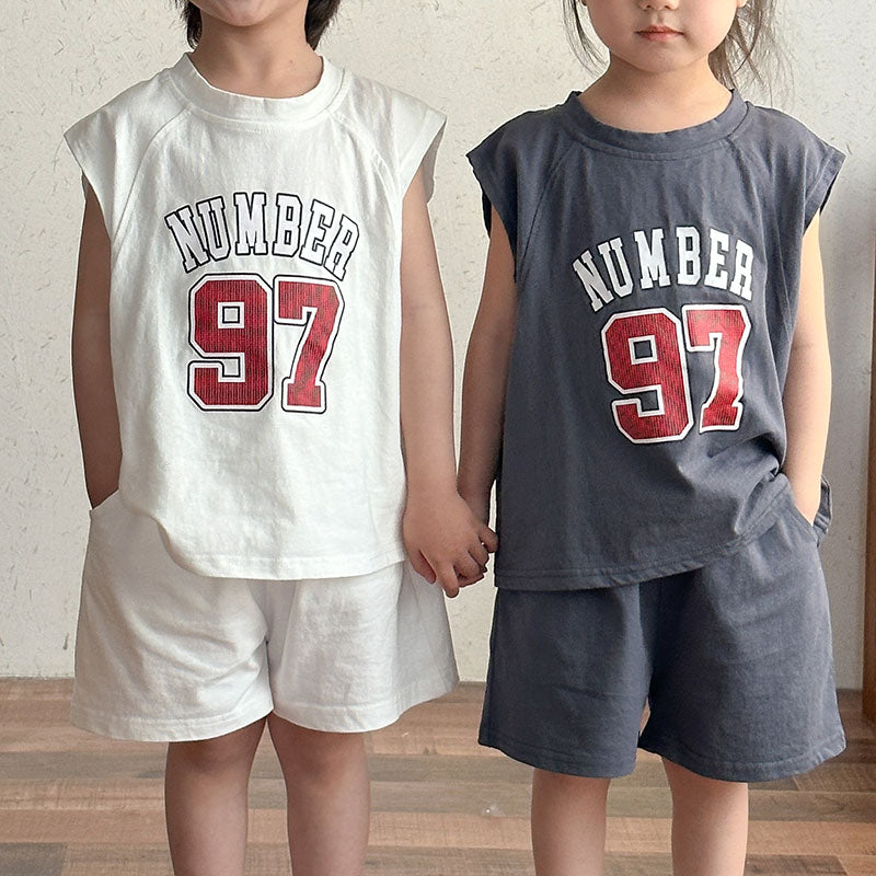 Zomer Kledingset T-shirt + Korte Broek - Team97 Unisex, Grijs/Wit, Katoen, Maat 0-8 Jaar