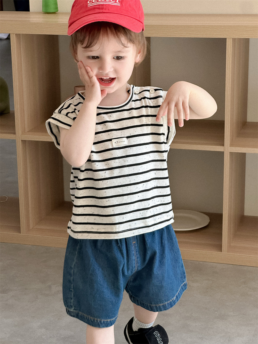 Lunari Breton Shirt & Denim Shorts Set – Zomer Kledingset Kind 0-3 Jaar – Ecru/Zwart + Blauwe Short – Unisex & Comfortabel