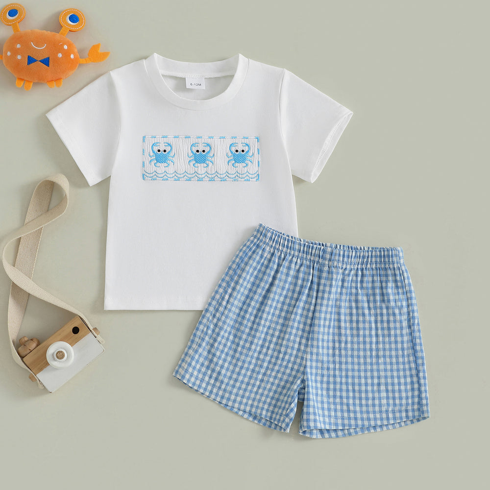 CrabbyCool Zomerset Baby & Peuter | T-shirt met Krabjes & Ruitjes Short | Katoen & Polyester | 6mnd–4jr | Wit & Blauw