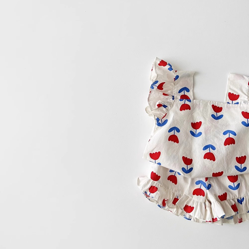 Lulu & Leaf Zomerset Meisje – 2-delige Katoenen Outfit met Ruches & Tulpenprint (0–5 Jaar)