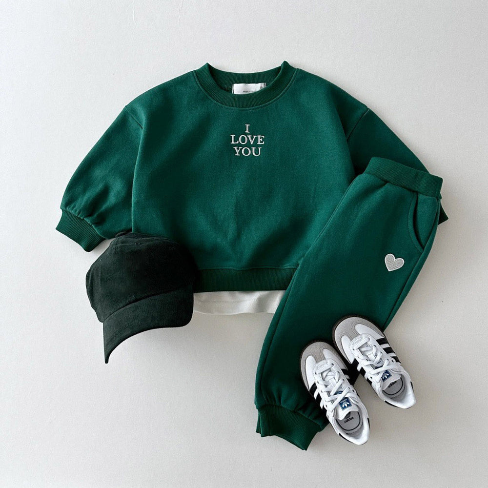 Joggingpak I Love You - Baby Peuter Kleuter Kinderen, Beige/Groen/Grijs/Blauw, Katoen, Maat 0-6 Jaar