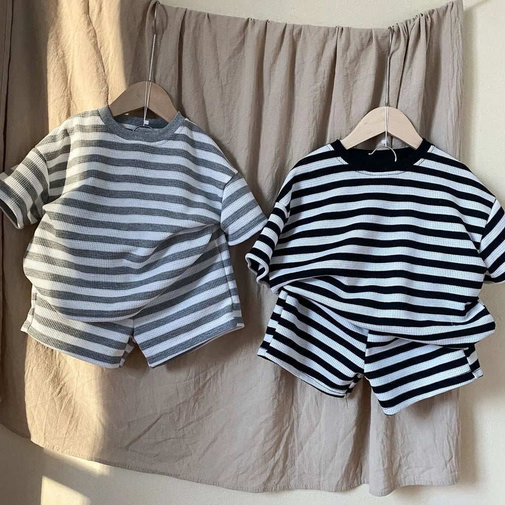 T-shirt en Short Zomerset - StripePlay Unisex, Zwart/Grijs, Katoen, Maat 0-8 Jaar