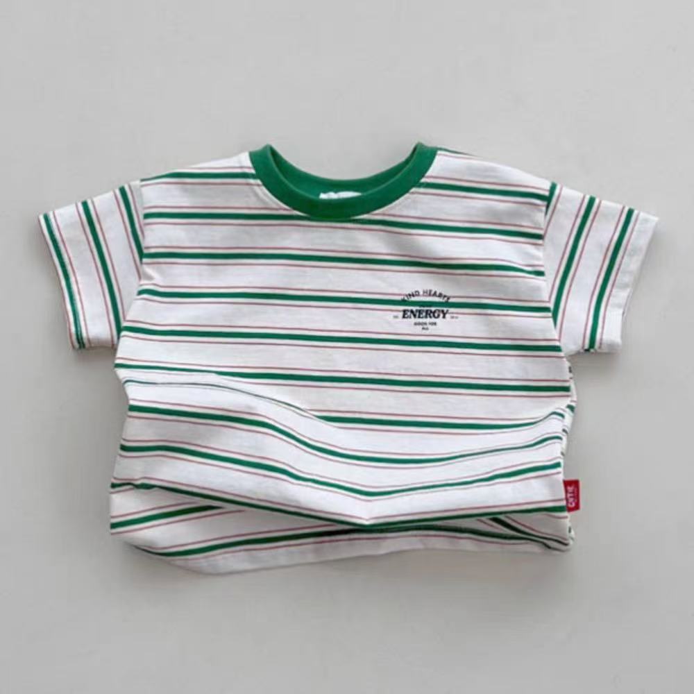 Mini Energy Baby T-shirt – Gestreept Katoen Shirt met Tekstprint | Uniseks | Maat 0–3 Jaar