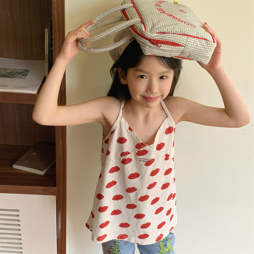 LumiLune Daisy Zomertop Meisje 0–6 Jaar | Bloemenprint Lippenprint Hemdje Katoen met Spaghetti Bandjes