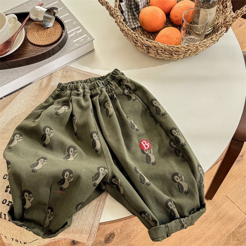 Broek met Pinguïnprint - Woodsy Unisex, Beige/Groen, Katoen, Maat 0-6 Jaar