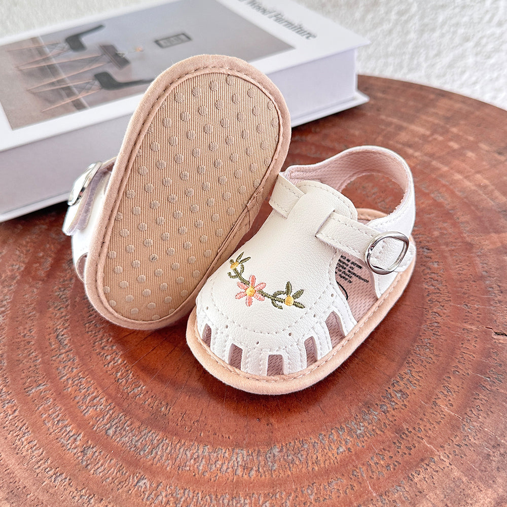 Baby Sandalen met Bloemenborduursel - Little Steps Meisjes, Zwart/Roze/Beige/Groen/Wit, Maat 0-2 Jaar