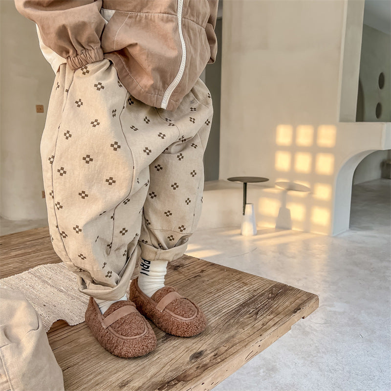 Baggy Broek met Print - Mila Bloomers Unisex, Bruin/Beige, Katoen, Linnen, Maat 0-6 Jaar