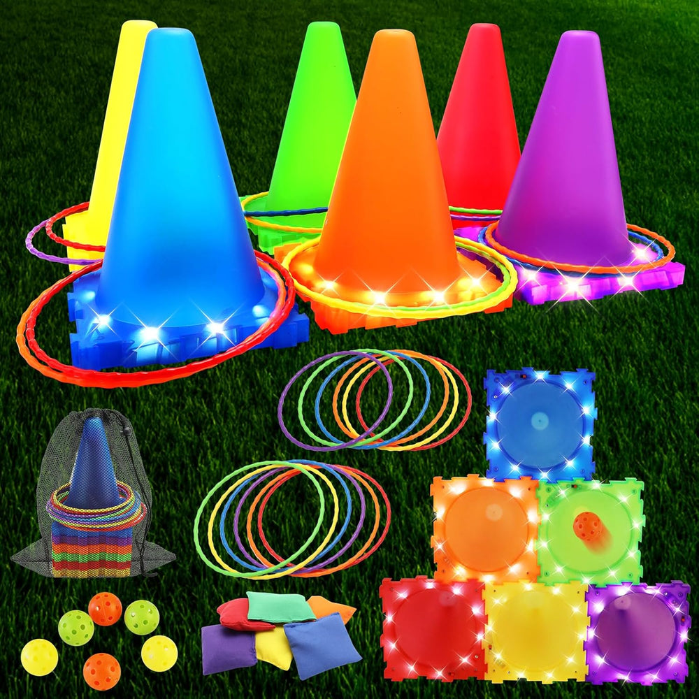 LED Werpspel Set Kinderen – Lichtgevende Kegels & Ringen Spel