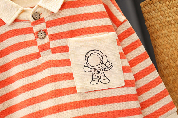 Set met Gestreepte Trui en Spijkerbroek - Astronaut Little Voyager Jongens, Rood/Blauw/Zwart, Katoen, Maat 0-5 Jaar