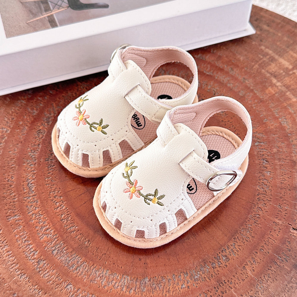 Baby Sandalen met Bloemenborduursel - Little Steps Meisjes, Zwart/Roze/Beige/Groen/Wit, Maat 0-2 Jaar