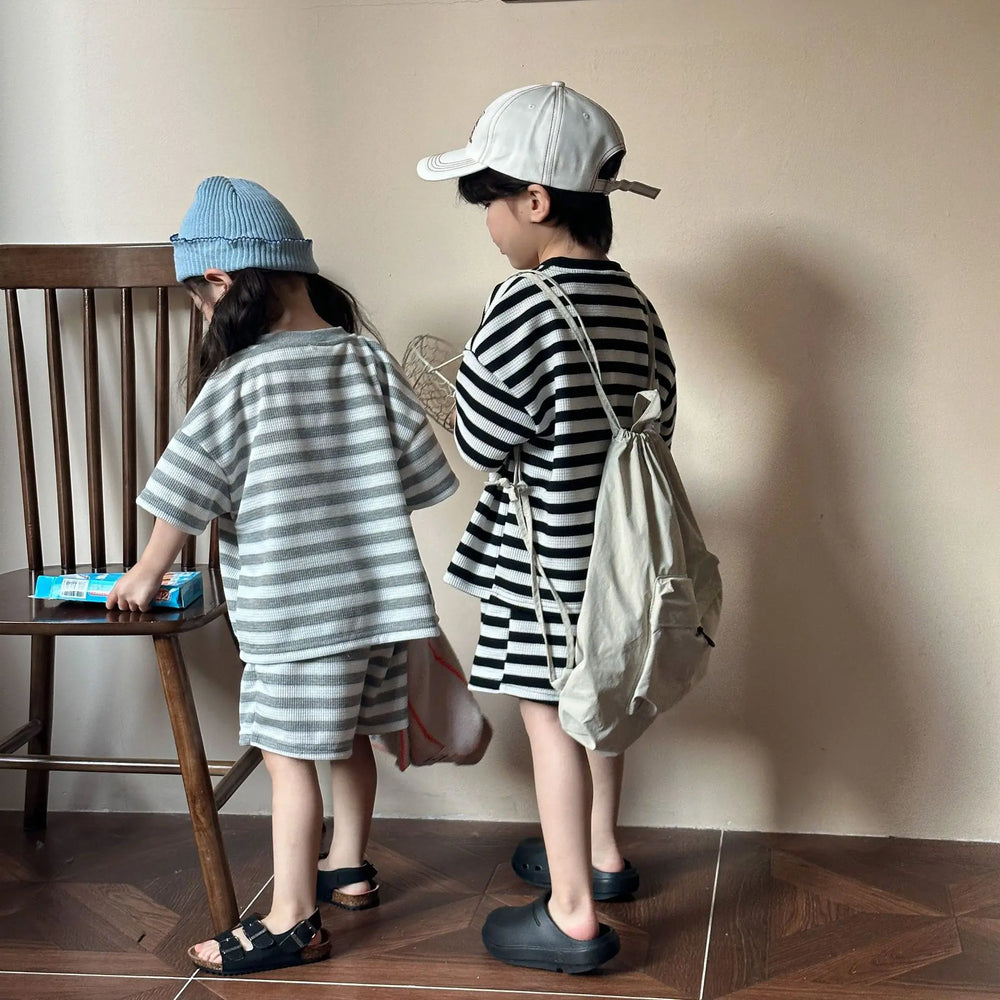 T-shirt en Short Zomerset - StripePlay Unisex, Zwart/Grijs, Katoen, Maat 0-8 Jaar