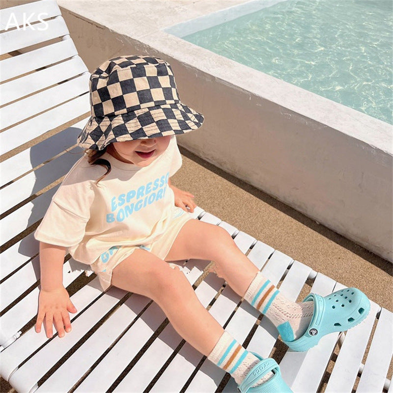 Zomerset korte broek met t-shirt - CaffèKids Unisex, Blauw/Beige, Katoen, Maat 0-6 Jaar