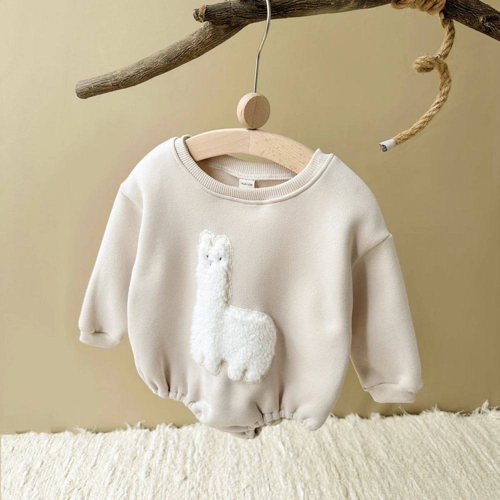 Bodysuit Romper met Lama print – Baby, Beige/Bruin, Katoen, Maat 0-1,5 Jaar-More For Mini