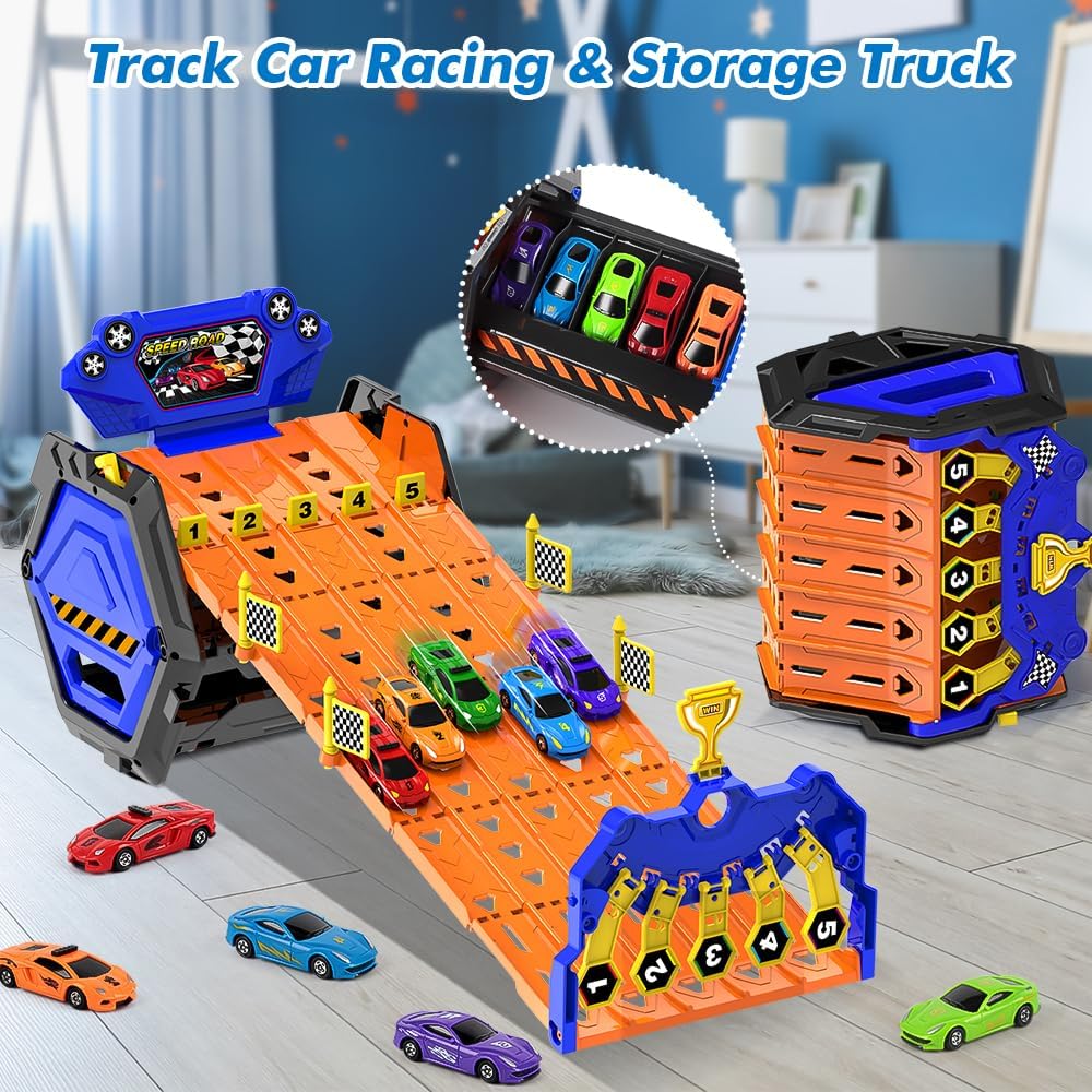 SpeedRacer 5-Banen Racebaan met Auto's – Transformeerbare Opbergset | Inclusief 5 Racewagens | Speelgoed Racebaan voor Jongeren 14+ | Racing Track Game
