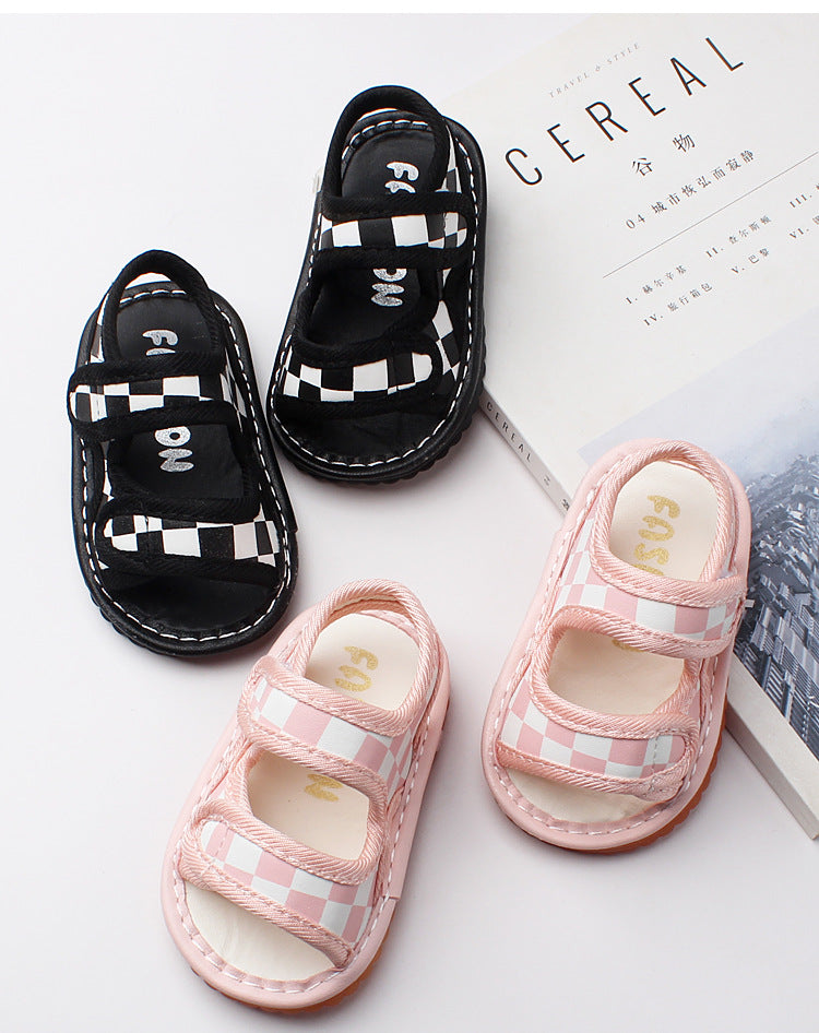 Sandaal met Klittenband - CheckerSteps Unisex, Zwart/Roze, Maat 16-20