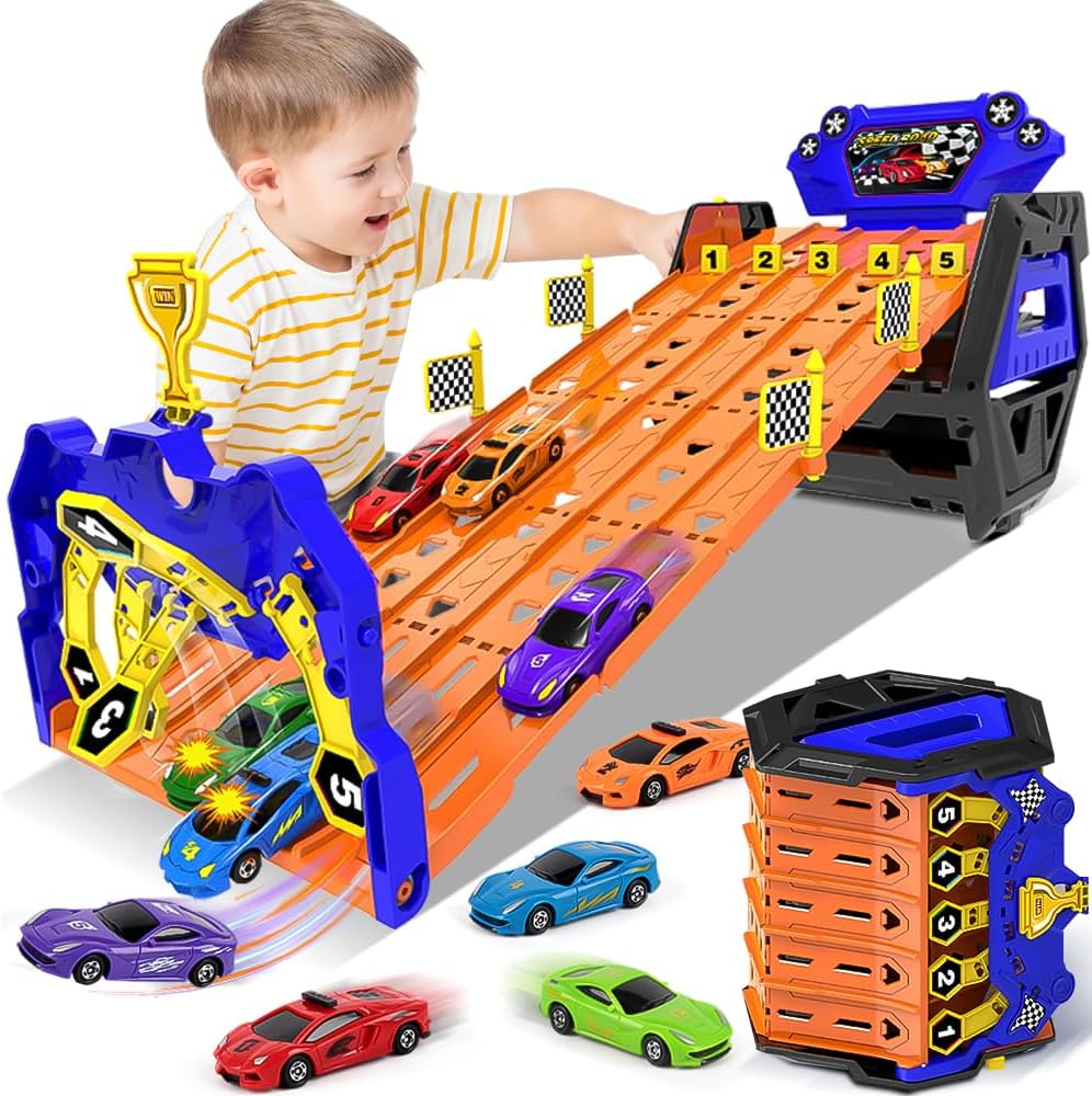 SpeedRacer 5-Banen Racebaan met Auto's – Transformeerbare Opbergset | Inclusief 5 Racewagens | Speelgoed Racebaan voor Jongeren 14+ | Racing Track Game