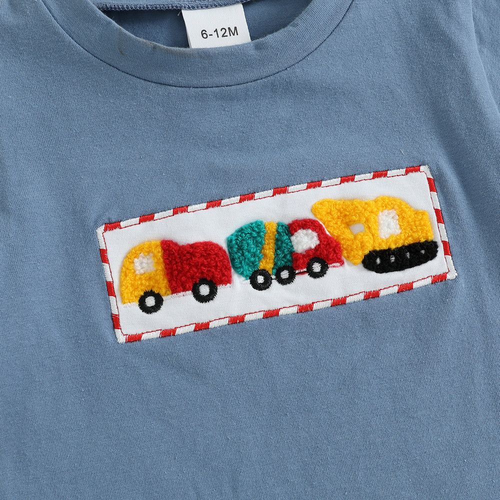 Checkered Truck Zomerset Jongens | T-shirt met Auto's & Ruitjes Short | 6mnd–4jr | Katoen & Polyester | Blauw & Rood