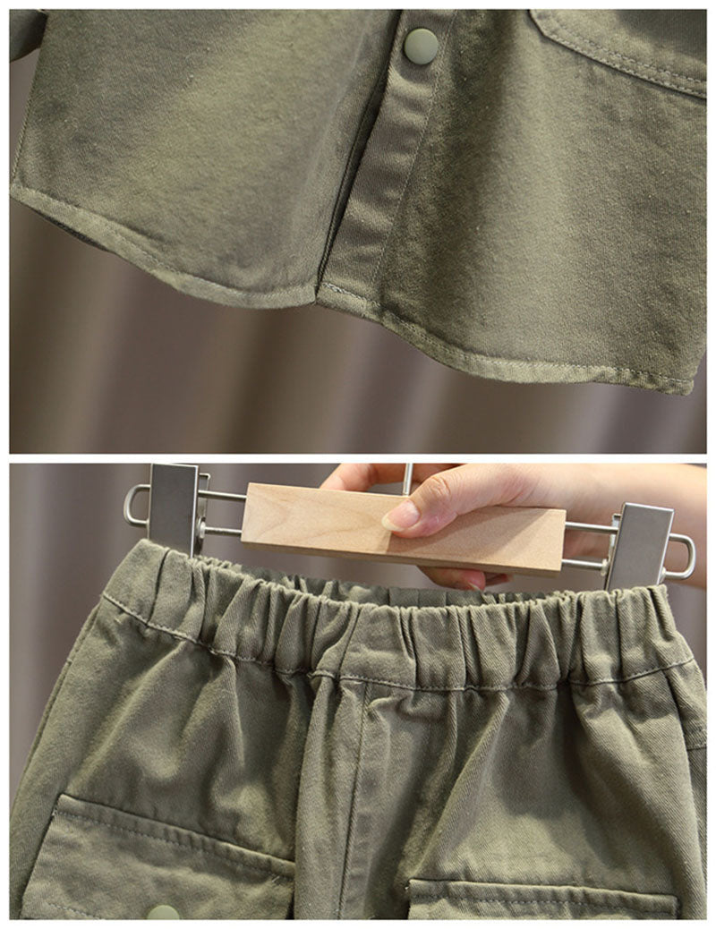 Set met Broek en Shirt - Little Explorer Unisex, Beige/Groen, Katoen, Maat 0-7 Jaar