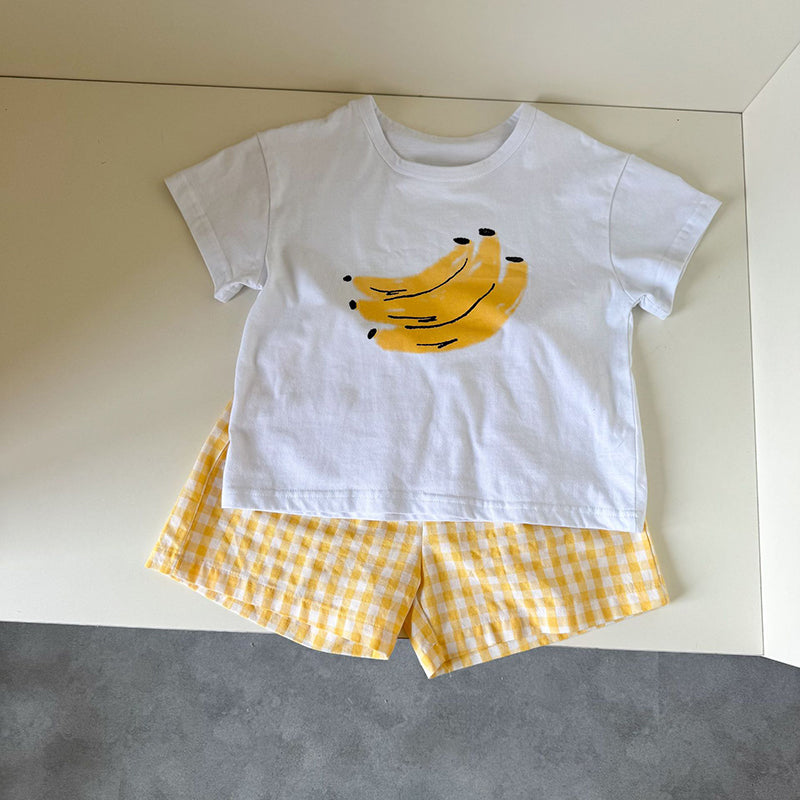 Frubino Fruit & Veggie Set – Zomer Kledingset Baby/Peuter/Kind 0-9 Jaar – T-shirt + Ruitshort – 100% Katoen – Unisex – Fruit Print
