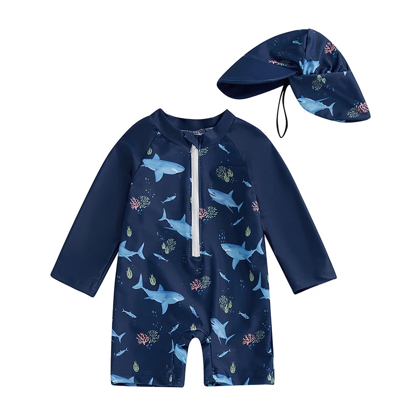 Jongens UV Zwempak Haai Print met Zonnehoed – Lange Mouwen | 0-5jr