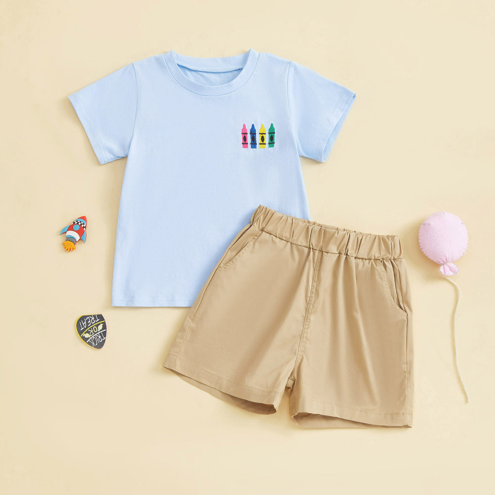CrayonCool Zomerset Jongens | T-shirt met Krijtjesprint & Korte Broek | Katoen & Polyester | 18mnd–6jr | Donkerblauw of Lichtblauw
