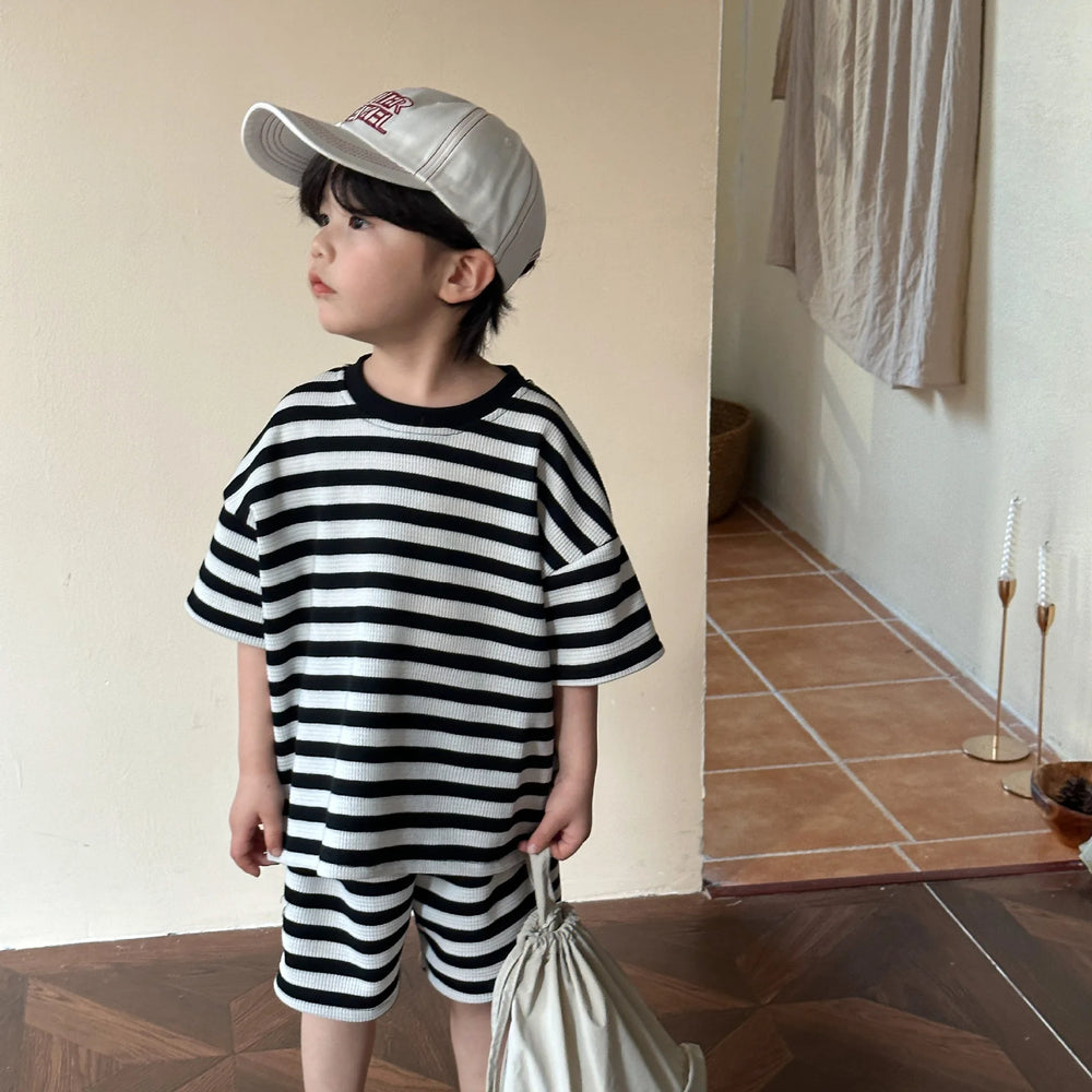 T-shirt en Short Zomerset - StripePlay Unisex, Zwart/Grijs, Katoen, Maat 0-8 Jaar