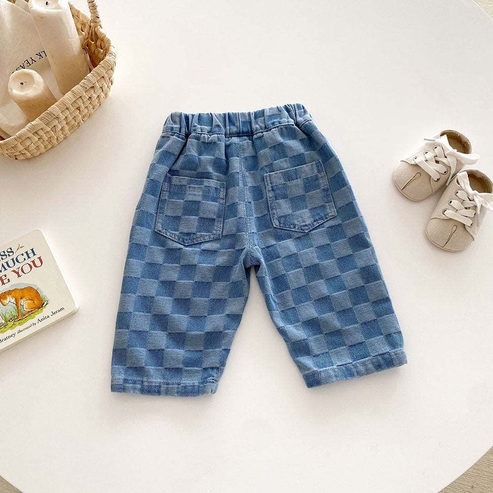 Livan Checker Denim – Spijkerbroek Baby/Peuter – Elastische Taille – Uniseks – Lichtblauw Ruitjes – 0-5 Jaar