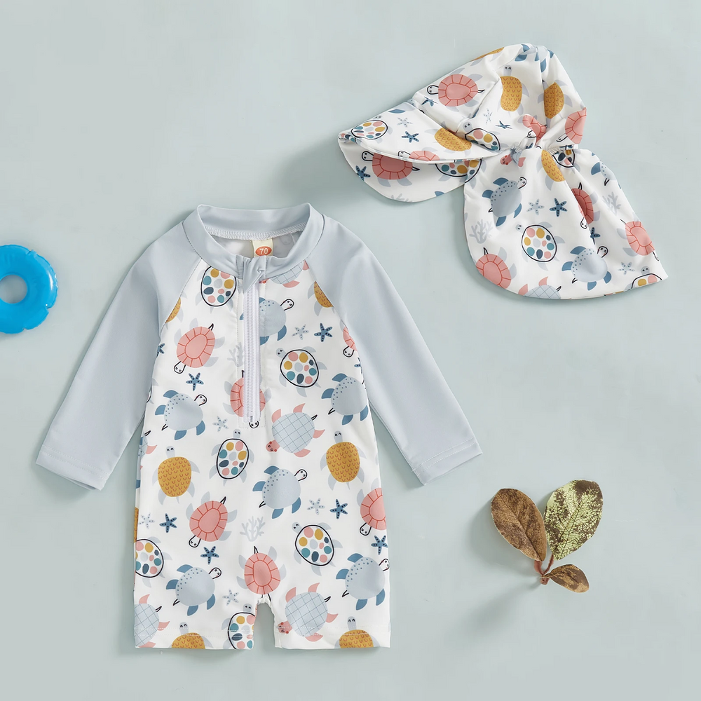 OceanGuard Zwemromper Set Baby & Peuter | Lange Mouwen & Zonnehoed | UV-Bescherming | Vissen & Schildpadden | 0-3 Jaar