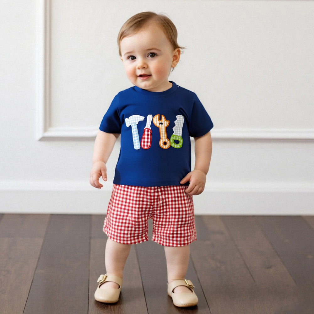 ToolTime Zomerset Jongens | T-shirt met Gereedschap & Ruitjes Short | 6mnd–4jr | Katoen & Polyester | Blauw & Rood