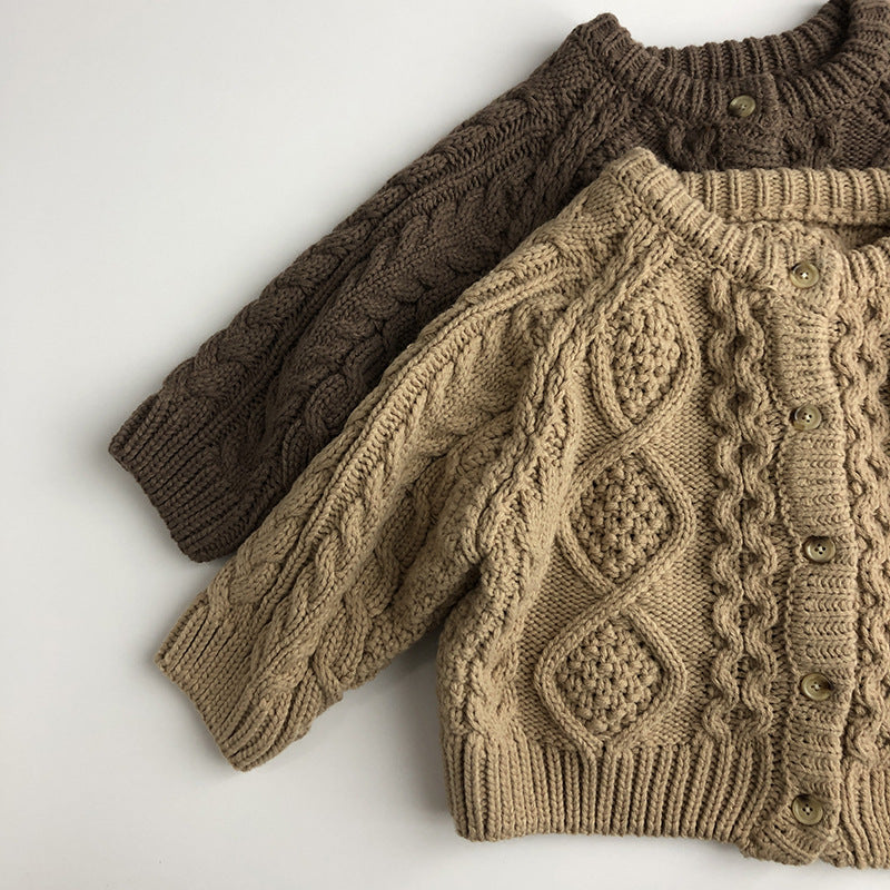 Gebreid Vest met Kabel - Mandu Unisex, Beige/Bruin, Katoen, Maat 0-6 Jaar-More For Mini