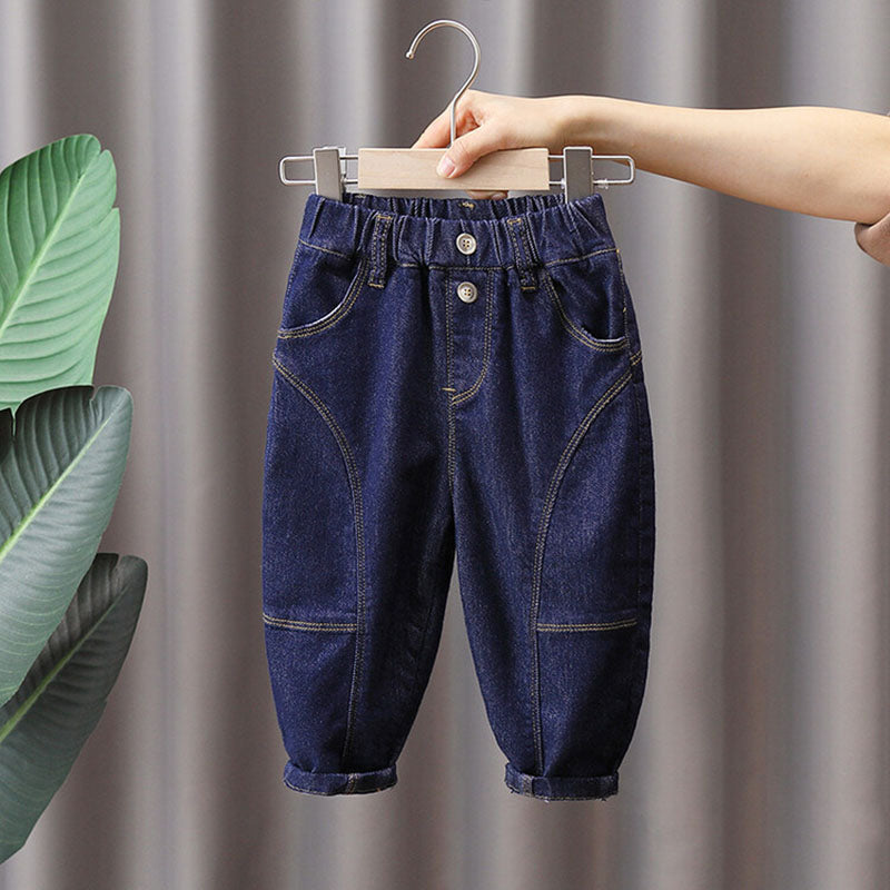 Spijkerbroek met Elastiek Donkerblauwe Wassing - Baby Peuter Kleuter Kinderen, Blauw, Katoen, Denim, Maat 0-7 Jaar