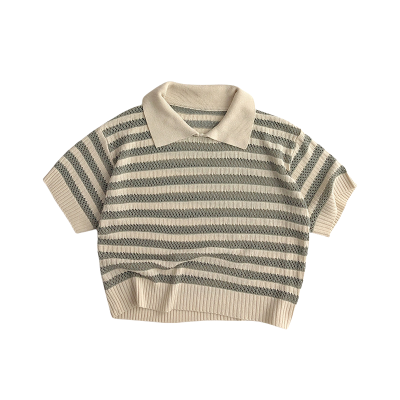 Gebreide Gestreepte Polo - Baby Peuter Kleuter Kinderen, Groen/Zwart Katoen, Maat 0-6 Jaar
