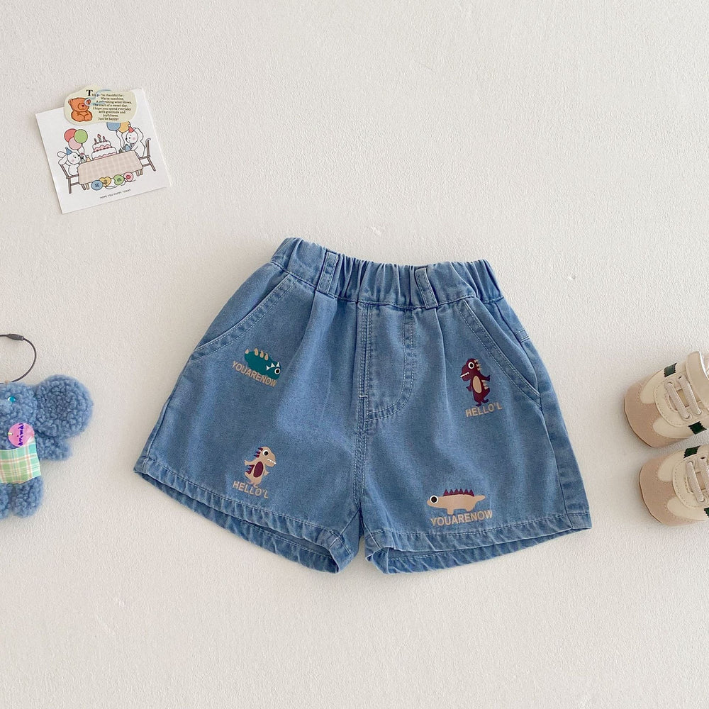 Korte Spijkerbroek Elastiek met Dinoprint - Baby Peuter Kleuter Kinderen, Lichtblauw, Katoen/Denim, Maat 0-5 Jaar