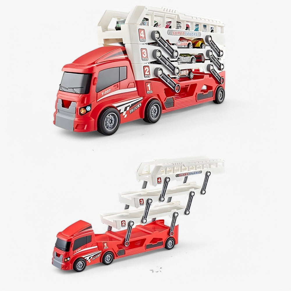 Speelgoed autotransporter met 6 raceauto's – laadfunctie, zonder batterijen | vrachtwagen