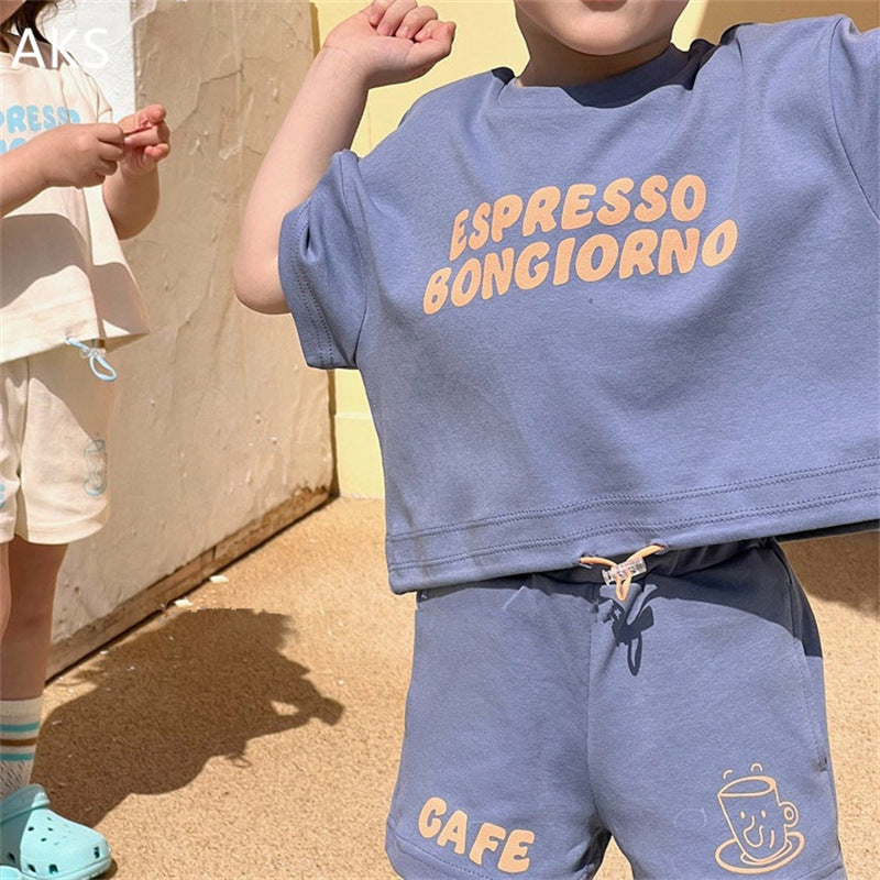 Zomerset korte broek met t-shirt - CaffèKids Unisex, Blauw/Beige, Katoen, Maat 0-6 Jaar