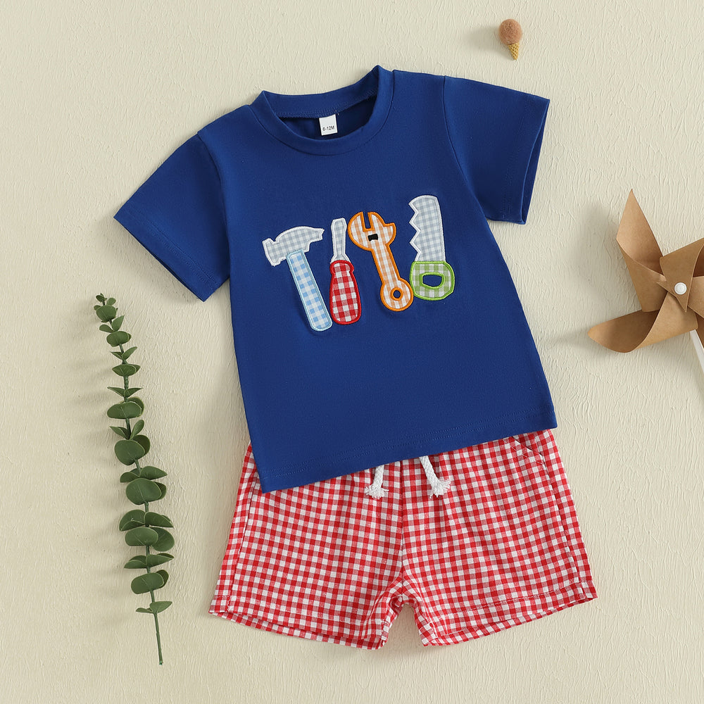 ToolTime Zomerset Jongens | T-shirt met Gereedschap & Ruitjes Short | 6mnd–4jr | Katoen & Polyester | Blauw & Rood
