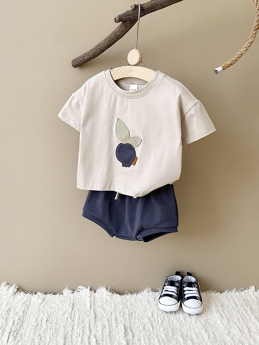 Zomer Kledingset T-shirt Perzik + Korte Broek Jogging - Little Pebble Set Unisex, Beige/Blauw, Katoen, Maat 0-3 Jaar