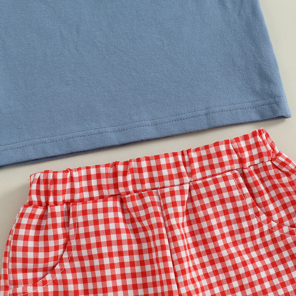 Checkered Truck Zomerset Jongens | T-shirt met Auto's & Ruitjes Short | 6mnd–4jr | Katoen & Polyester | Blauw & Rood