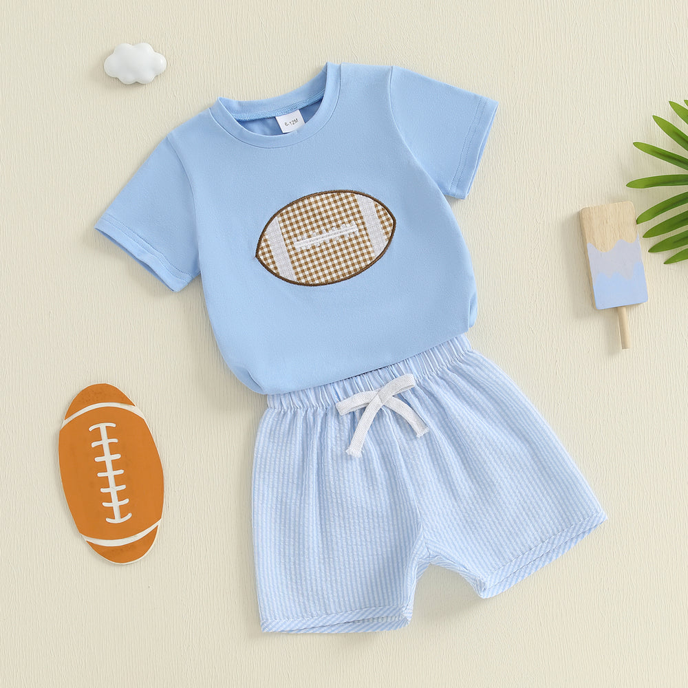 Touchdown Zomerset Jongens | T-shirt met Rugbybal & Lichtblauwe Short | Katoen & Polyester | 6mnd–4jr | Sportieve Babyoutfit