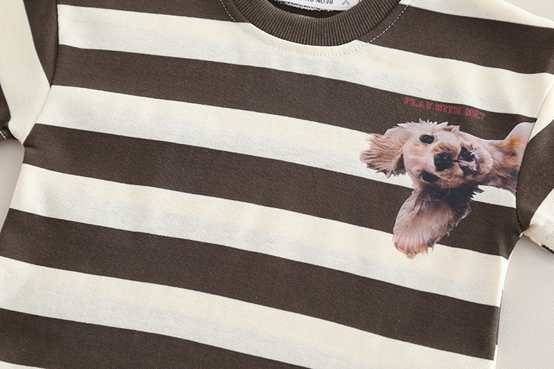 Zomer Gestreepte Kledingset T-shirt + Korte Broek Jogging - Baby Peuter Kleuter Kinderen Doggo Days, Bruin/Zwart, Katoen, Maat 0-5 Jaar