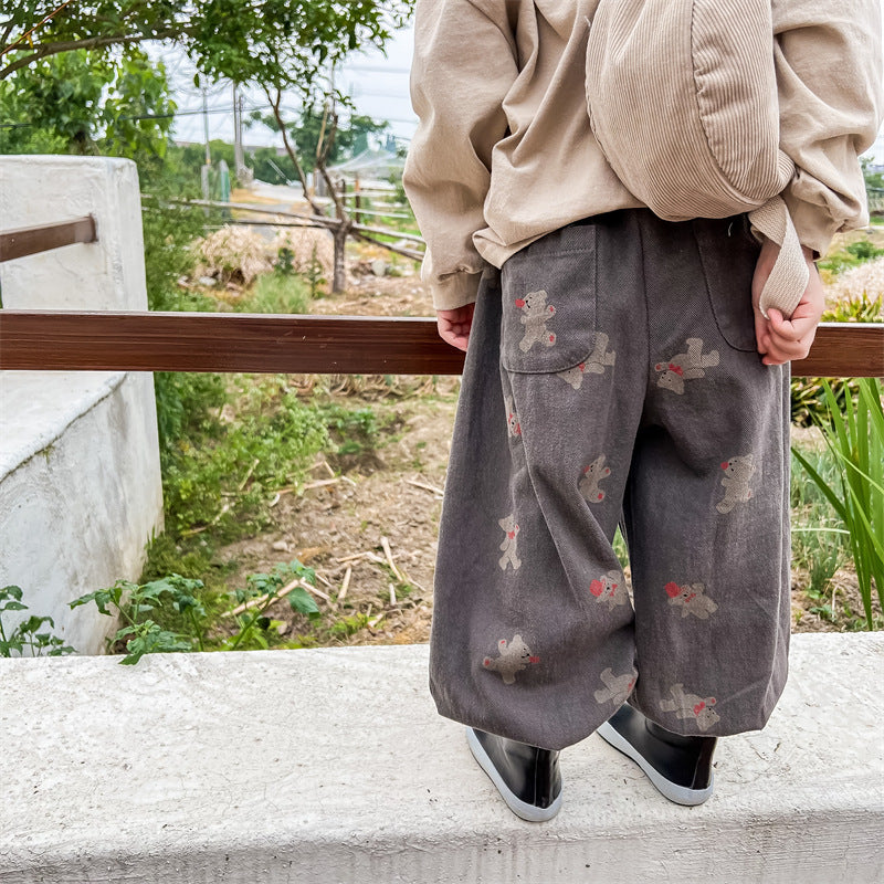 Baggy Broek met Berenprint - Bamboo Bear Unisex, Beige/Grijs, Katoen, Maat 0-6 Jaar