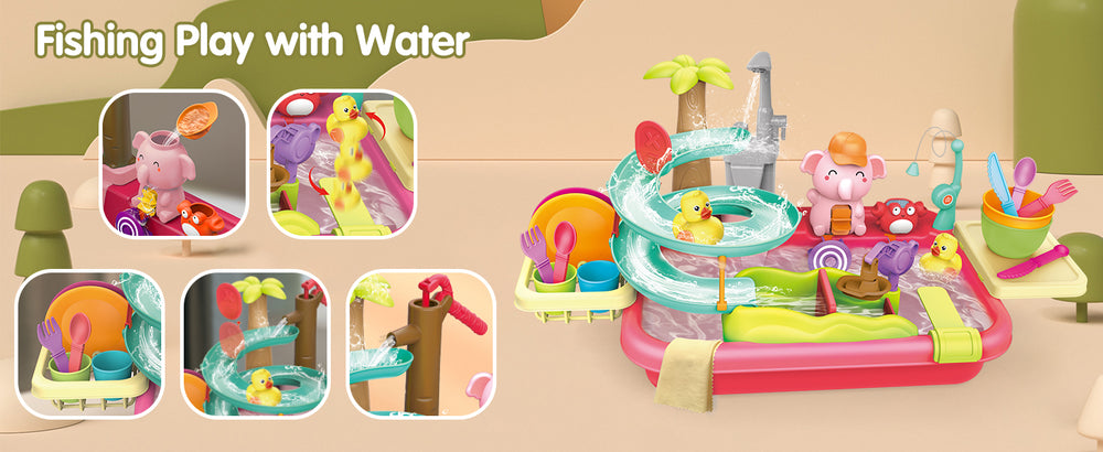 AquaFun PlayPark Waterspeeltafel – Educatief Waterspeelgoed met Fontein, Glijbaan & Dieren | Voor Binnen & Buiten | Leeftijd 2–6 Jaar