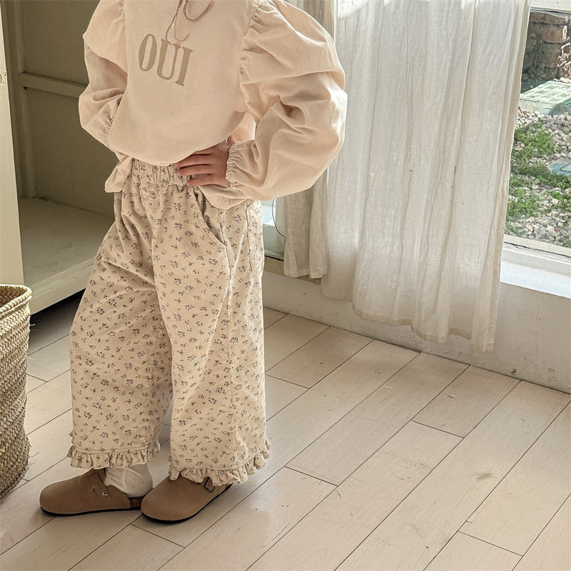 Flair Broek met bloemenprint – BohoBlossom Meisjes, Beige Katoen, Maat 0-6 Jaar