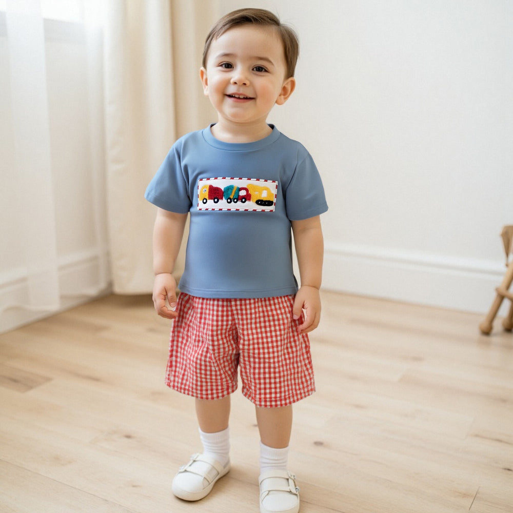 Checkered Truck Zomerset Jongens | T-shirt met Auto's & Ruitjes Short | 6mnd–4jr | Katoen & Polyester | Blauw & Rood