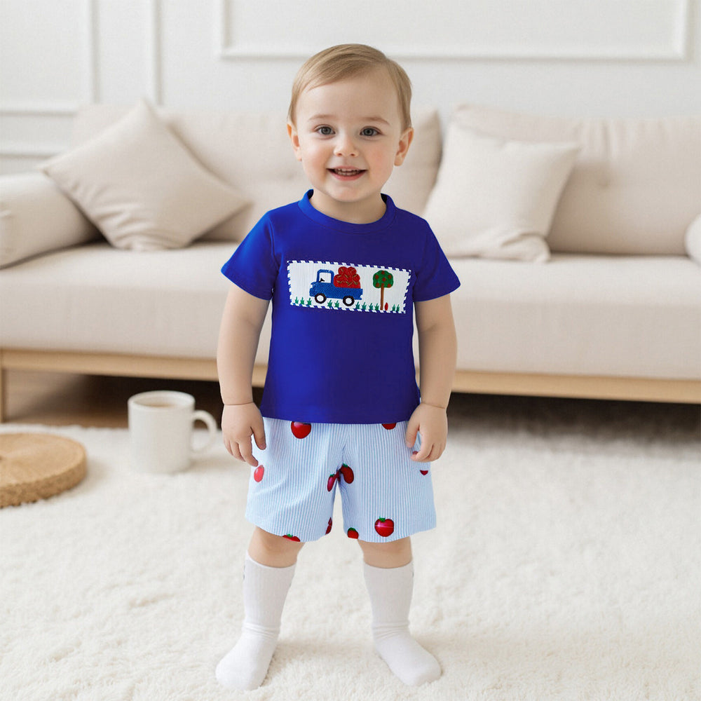 AppleTruck Zomerset Jongens | T-shirt met Appeltruck & Gestreepte Short | Katoen & Polyester | 6mnd–4jr | Blauw & Rood