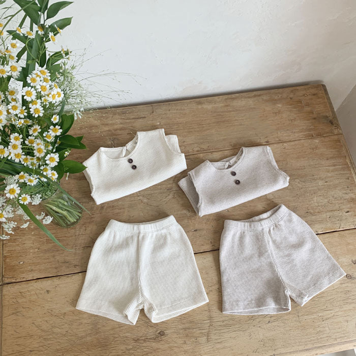 SoftPlay Peuterset van Wafelstof – Uniseks Zomeroutfit met Knoopdetail | Nulu & Co | 100% Katoen | Maat 0-5 Jaar