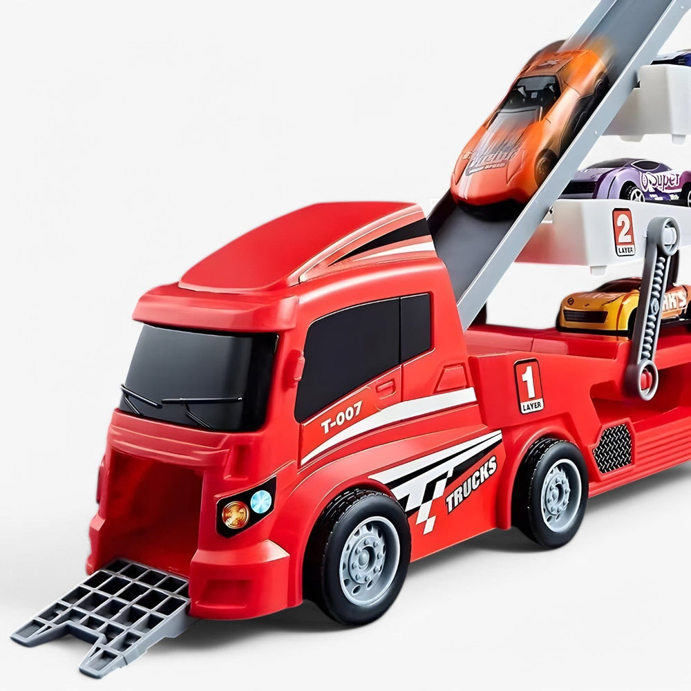 Speelgoed autotransporter met 6 raceauto's – laadfunctie, zonder batterijen | vrachtwagen