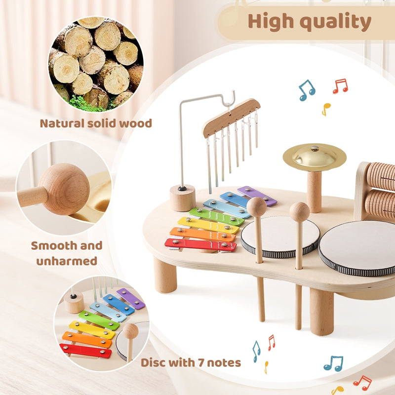 Houten Muziektafel - Educatief Muziekinstrument voor Kinderen, Inclusief Trommels, Xylofoon & Bekkens, +1 Jaar