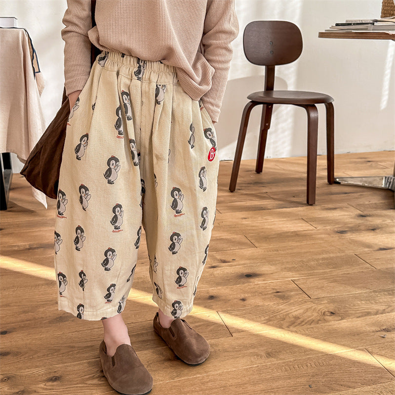 Broek met Pinguïnprint - Woodsy Unisex, Beige/Groen, Katoen, Maat 0-6 Jaar